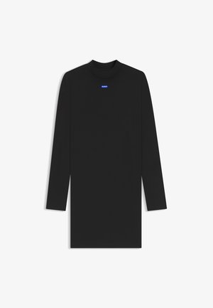 Haut à manches longues noir en tissu lisse, avec un col montant et un petit logo bleu. Design simple et minimaliste sans motifs.