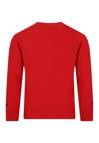Rode gebreide trui met een ronde hals, lange mouwen, geribde boorden en tailleband; heeft een klein logo in het zwart op de linker mouw.