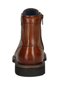 Braune Lederstiefelette mit strukturiertem Finish, seitlichem Reißverschluss, runder Zehenpartie und schwarzer Gummisohle.