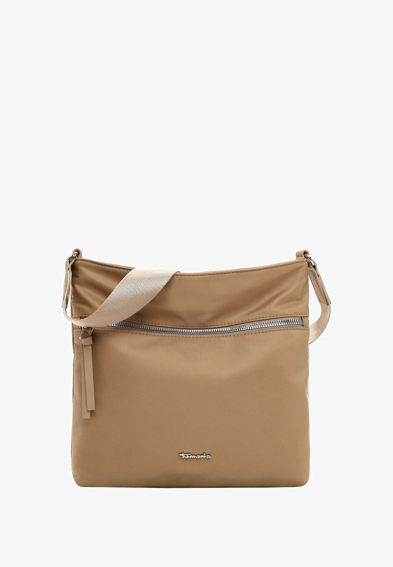 Borsa a tracolla in nylon beige con zip argentata e tracolla regolabile. Presenta una tasca frontale e un marchio discreto nella parte anteriore inferiore.