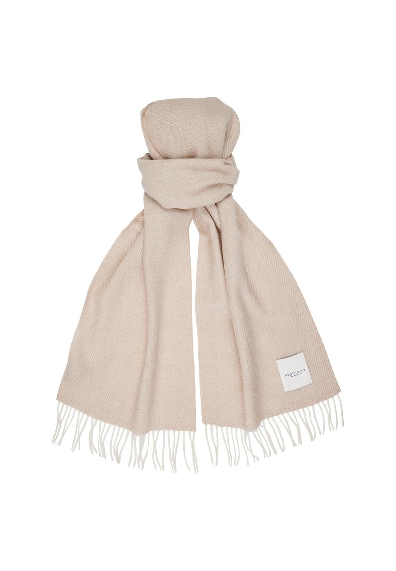 Sciarpa beige chiaro con motivo a spina di pesce, texture morbida e frange bianche. Include un piccolo etichetta di marca su un'estremità.