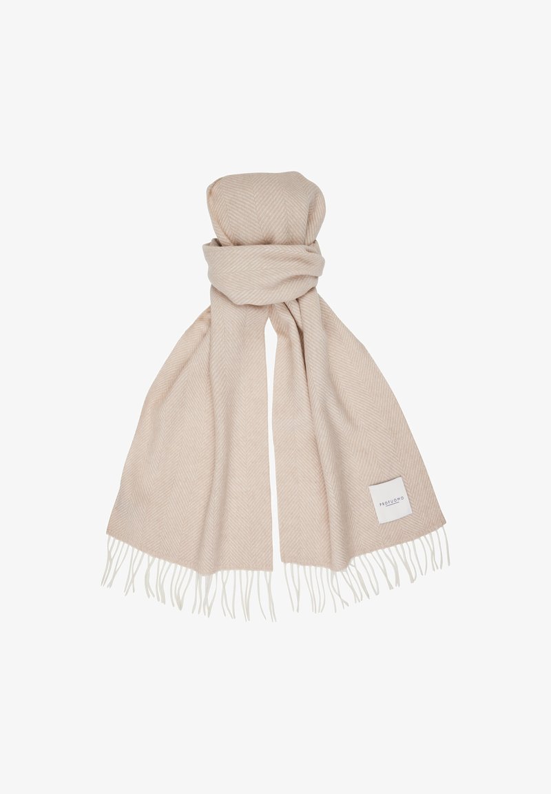 Sciarpa beige chiaro con motivo a spina di pesce, texture morbida e frange bianche. Include un piccolo etichetta di marca su un'estremità.