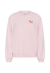 Hanorac roz din material moale, cu guler rotund, mâneci lungi și un grafic 'soare de mare' cu un design de cal de mare pe piept.