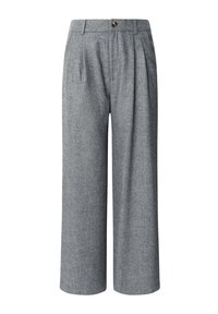Pantalones de espiga grises con un corte ajustado, delantero con pliegues y un cierre de botón dorado en la cintura.