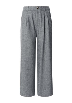Grijze herringbone broeken met een slim fit, geplooide voorkant en een enkele gouden knoopsluiting bij de taille.