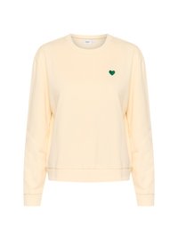 Světlé žluté trenky vyrobené z měkké látky, s vyšitým zeleným srdcem na levé části hrudi a žebrovaným lemem. Klasický design s kulatým výstřihem.