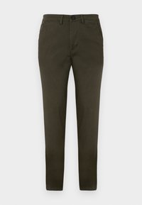 Olivově zelené bavlněné chino kalhoty s úzkým střihem, uzavírané na knoflík, s poutky na pásek a nenápadnými bočními kapsami. Hladká textura, bez vzorů.