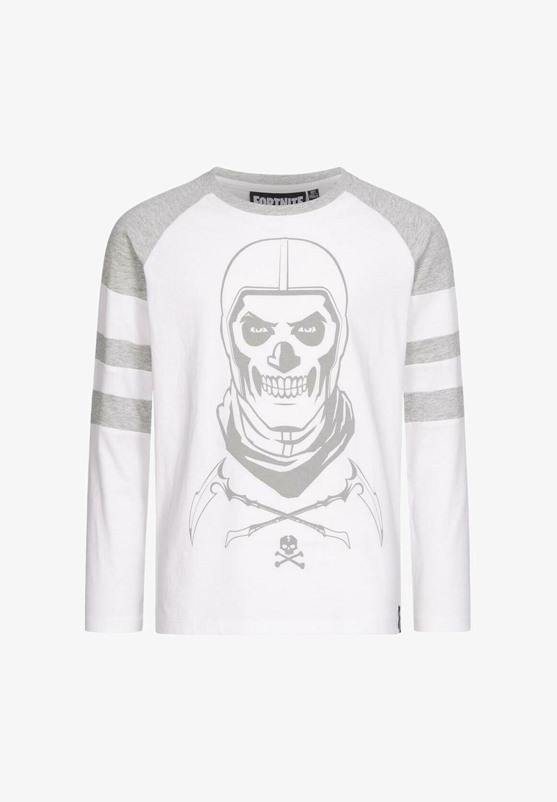 Long-sleeve white t-shirt with gray raglan sleeves, featuring a skull graphic, crossed weapons design, and striped sleeve accents.