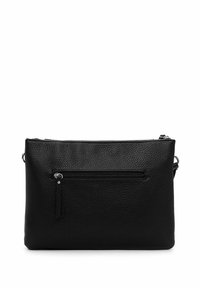 Schwarze Lederhandtasche mit strukturierter Oberfläche, ausgestattet mit einer vorderen Reißverschlusstasche und einem oberen Reißverschluss. Sie verfügt über einen verstellbaren Riemen für Vielseitigkeit.