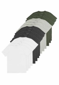 Set of ten crew-neck t-shirts in white, black, olive, and light gray. Made of cotton, featuring short sleeves and a soft texture.