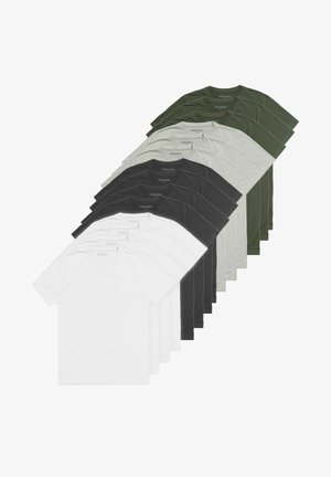 Set aus zehn Rundhals-T-Shirts in Weiß, Schwarz, Oliv und Hellgrau. Hergestellt aus Baumwolle, mit kurzen Ärmeln und einer weichen Textur.