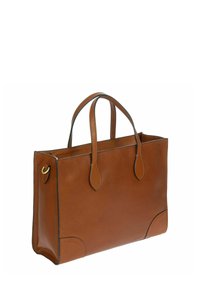 Sac fourre-tout en cuir marron avec deux courtes poignées, forme rectangulaire, texture lisse et accents de couture subtils. Pas de fermetures visibles.