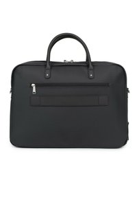 Zwarte nylon laptop tas met dubbele handvatten, een ritsvak aan de voorkant en een gladde textuur. Heeft een rechthoekige vorm met verstevigde naden.
