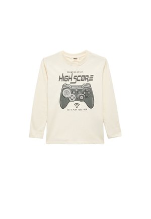Langärmliges cremefarbenes Hemd mit einem Grafikmotiv eines Spielecontrollers und dem Text: "CHAMPION SKILLS HIGH SCORE" sowie "LET'S PLAY TOGETHER."