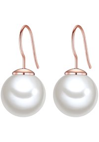 Orecchini a gancio in oro rosa con grandi perle bianche lucide. Il design è semplice, con forme lisce e arrotondate e hardware minimal.