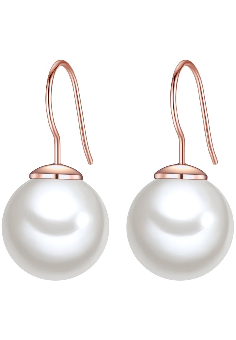 Orecchini a gancio in oro rosa con grandi perle bianche lucide. Il design è semplice, con forme lisce e arrotondate e hardware minimal.