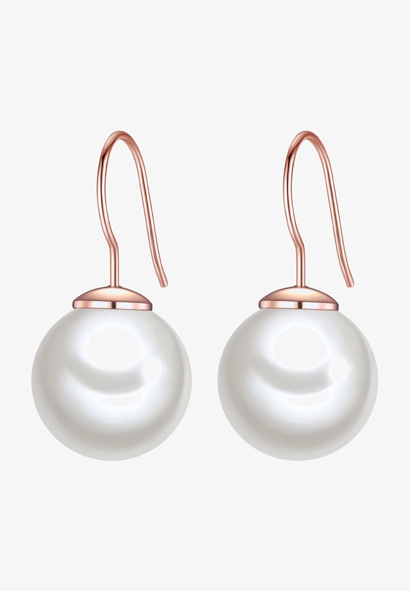 Rožinės aukso kabučiai su didelėmis, blizgiomis baltomis perlų. Dizainas yra paprastas, su lygiomis, apvalių formų ir minimaliu aparatūra.