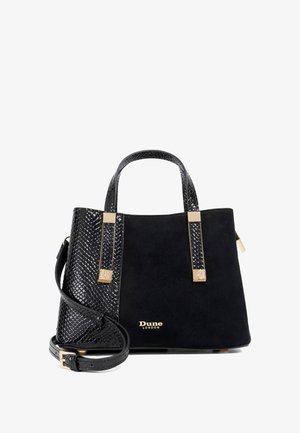 Sac fourre-tout noir en mélange de matériaux lisses et texturés, avec des accessoires en métal doré et une bandoulière amovible. Logo sur le devant.