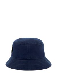 Navyblauwe katoenen bucket hat met een gladde textuur, ronde kroon en een brede, naar beneden hellende rand; heeft contrasterende stiksels en een accentlogo.