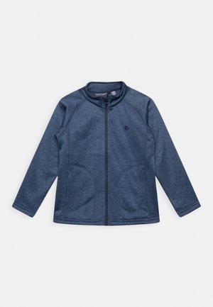 Veste polaire bleue à fermeture éclair intégrale, manches longues et col montant, dotée de deux poches avant et d'un petit logo brodé sur la poitrine gauche.