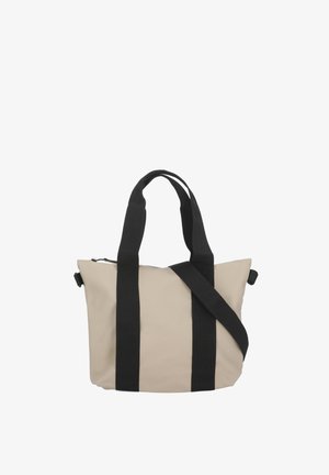 Borsa a tracolla beige con due ampi manici neri e una tracolla regolabile nera, chiusura con cerniera in alto, design semplice e funzionale.