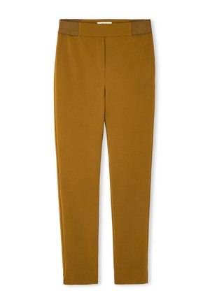 Pantaloni color senape realizzati in tessuto liscio, con frontale piatto, design aderente e cintura elasticizzata con un accento a contrasto.