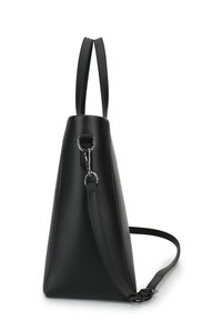 Black leather handbag with a structured shape, two top handles, and a detachable shoulder strap. Features silver hardware and smooth texture.