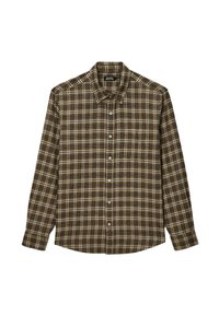 Chemise à manches longues à carreaux bruns avec un col boutonné, présentant des boutons blancs, une poche avant et un motif à carreaux dans des nuances variées.