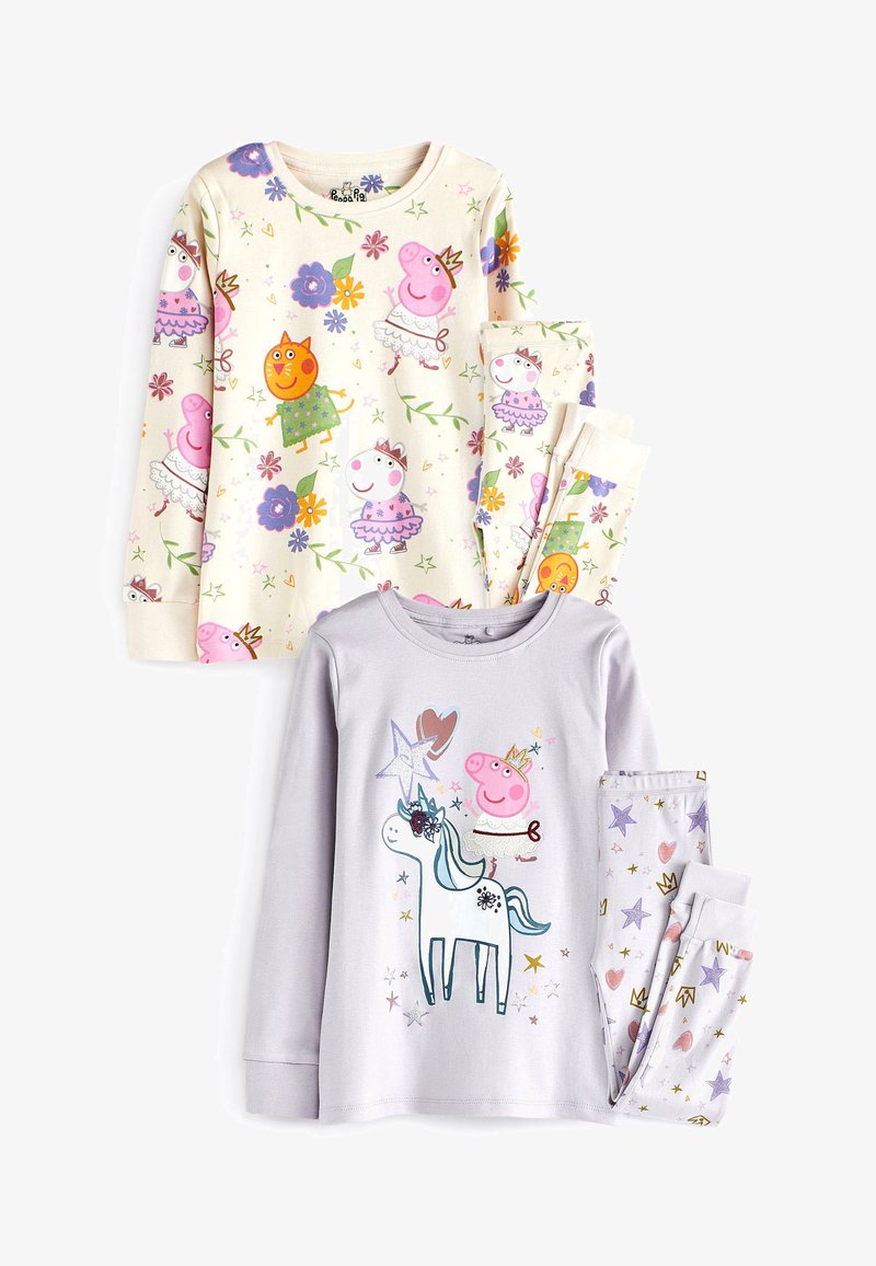 Två uppsättningar barnpyjamas. Den ena uppsättningen har en crèmefärgad topp med tecknade figurer och blommönster, medan den andra är ljuslila med en enhörningdesign.