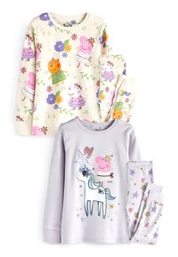 Deux ensembles de pyjamas pour enfants. Un ensemble présente un fond crème avec Peppa Pig coloré et des fleurs. L'autre est violet clair avec un motif de licorne.