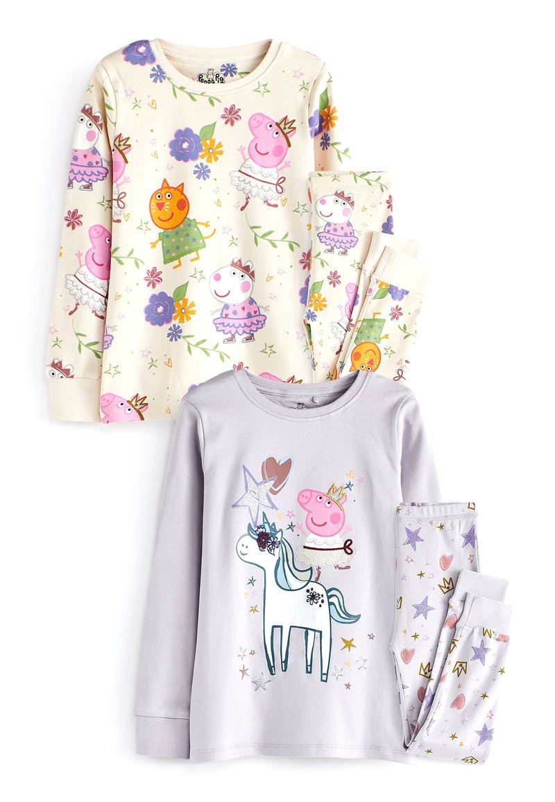 Deux ensembles de pyjamas pour enfants. Un ensemble présente un fond crème avec Peppa Pig coloré et des fleurs. L'autre est violet clair avec un motif de licorne.