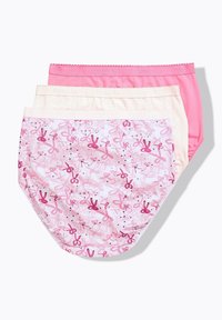 Tři páry kalhotek: růžové, světle růžové a s potiskem růžových králíčků a mašliček. Měkká látka, elastické pasy a hravý design.