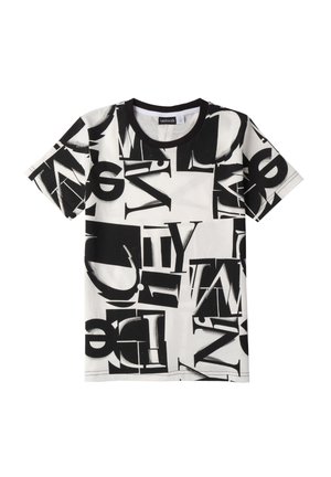 T-shirt à manches courtes en coton blanc avec un impression graphique noire audacieuse présentant diverses lettres et chiffres. Encolure ronde côtelée noire.