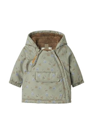Grüne, gepolsterte Jacke mit einem weichen braunen Fleece-Futter, mit Kapuze, Fronttasche und kleinen Blumen- und Tiermustern.