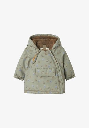 Grüne, gepolsterte Jacke mit einem weichen braunen Fleece-Futter, mit Kapuze, Fronttasche und kleinen Blumen- und Tiermustern.