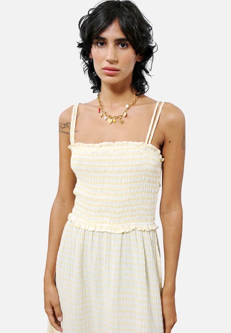 Helles gelbes Sommerkleid mit gerafftem Oberteil, dünnen Trägern und Rüschensaum. Der Rock hat ein gestreiftes Muster. Eine goldene Charme-Halskette rundet das Outfit ab.