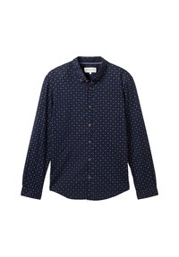 Marineblaue Hemd mit Knöpfen, das ein kleines Muster aus weißen Sternen aufweist, lange Ärmel hat und mit einem klassischen Kragen sowie braunen Knöpfen ausgestattet ist.