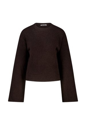 Dunkelbrauner Strickpullover mit langen Ärmeln, Rundhalsausschnitt und weiten Ärmeln, bauchfrei geschnitten.