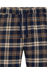 Navy blue and beige plaid lounge pants with an elastic waistband, drawstring, and a soft fabric texture.