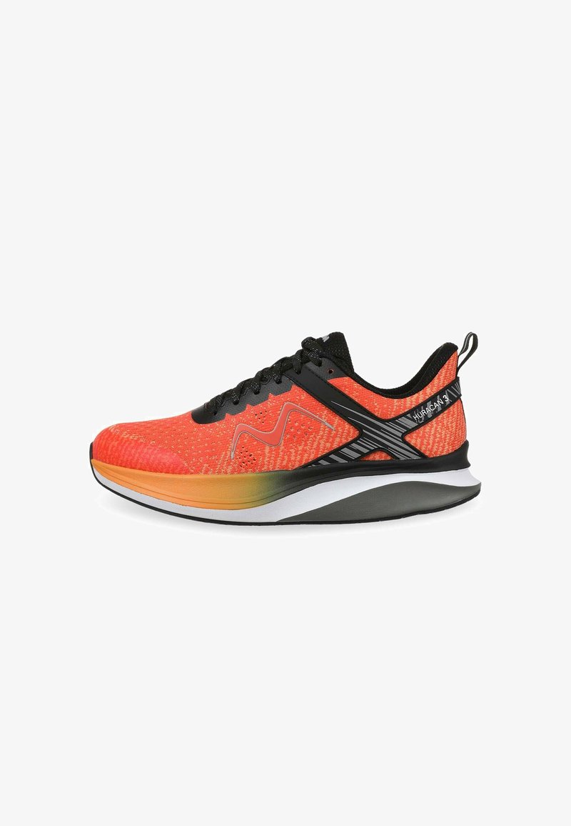 Sport shoe featuring a bright orange knit upper, black laces, and contrasting black accents. Thick white and gray sole with a slight curve.