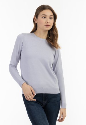 Giovane donna che indossa un maglione lilla chiaro a maniche lunghe e jeans blu scuro, in piedi con una mano vicino alla vita.