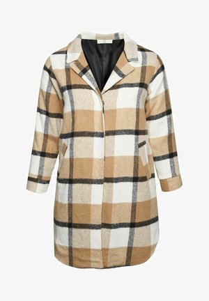 Beżowy, biały i czarny płaszcz w kratę, z klapami, długimi rękawami, przednimi kieszeniami i prostym krojem. Miękka tekstura.