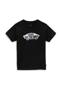 Černé tričko s krátkým rukávem s bílým skateboardovým logem Vans "Off The Wall" umístěným uprostřed na hrudi, klasický kulatý výstřih a malá postranní nášivka.