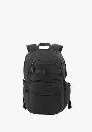 Zaino nero in nylon con spallacci imbottiti, molteplici scomparti con zip e una maniglia superiore. Presenta hardware regolabile e un design elegante.