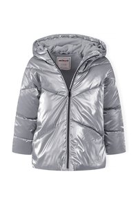 Giubbotto imbottito argento con cappuccio, dotato di chiusura con zip, design trapuntato e morbida fodera interna. Realizzato in materiale lucido e liscio.