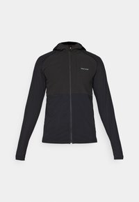 Juodas zip-up švarkas su gaubtu, pasižymintis lygiu paviršiumi, kontrastinga viršutine dalimi ir minimalia logotipų vieta viršutiniame kairiajame kampe.