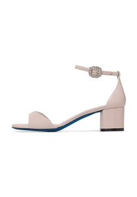 Light pink block-heeled sandals with a subtle open toe, ankle strap, and decorative buckle detail. Smooth leather finish with blue accents.