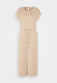 Beige jumpsuit van zachte stof, met korte mouwen, een ronde hals, een riem in de taille en wijde pijpen met een keyhole-opening aan de achterkant.