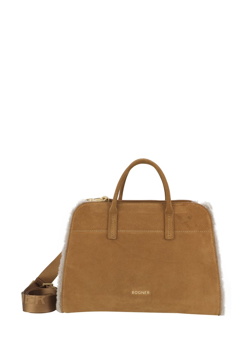 Borsa in suede marrone con forma strutturata, dotata di due manici superiori e una tracolla removibile. Dettagli in metallo dorato e branding.