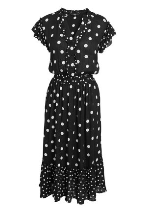 Robe midi noire à pois blancs, manches courtes volantées, col en V boutonné, taille élastique et ourlet à volants.
